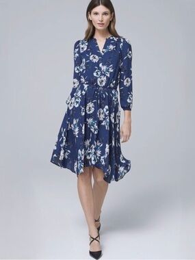 White House Black Market Navy Floral V-Neck Long Sleeve Dress
